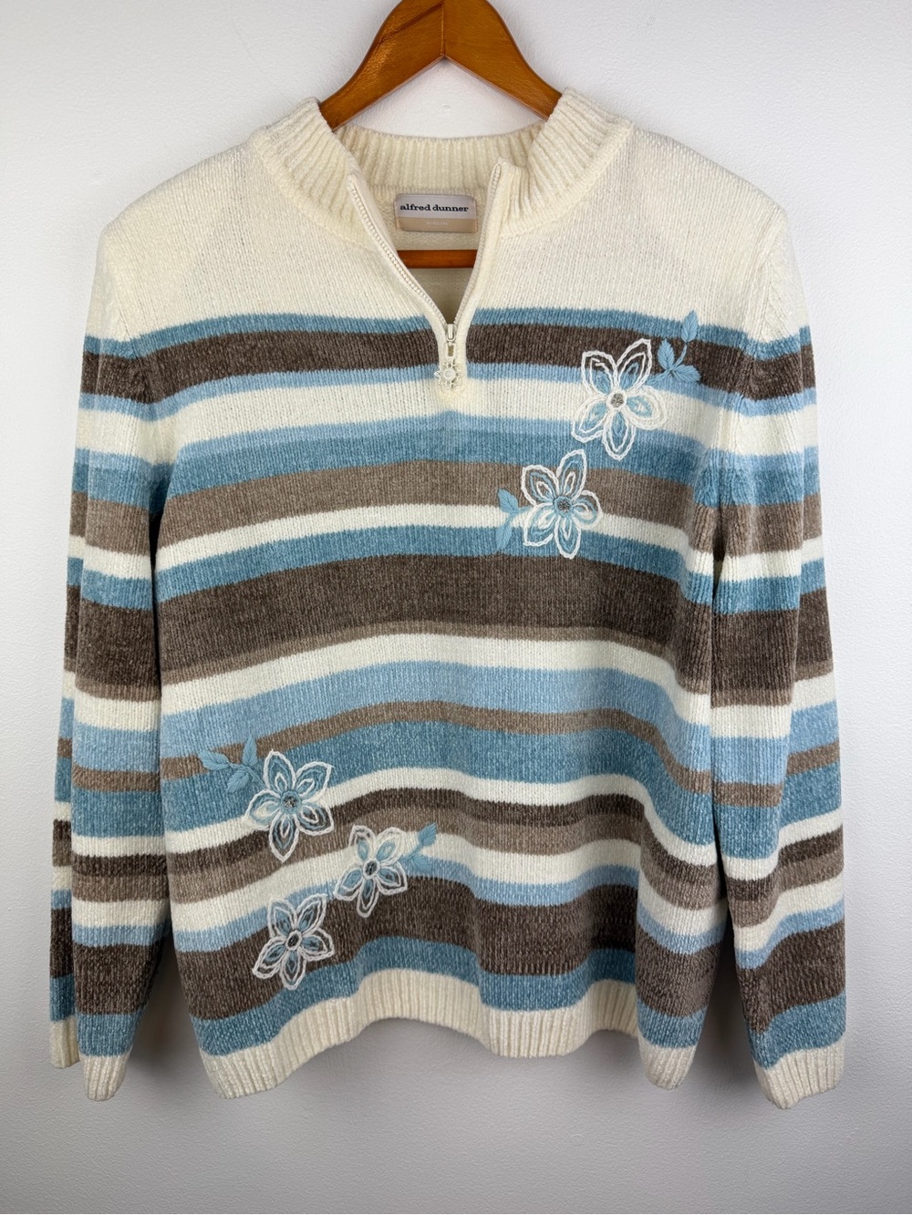Alfred Dunner Women's Cream & Blue Striped Half-Zip Sweater